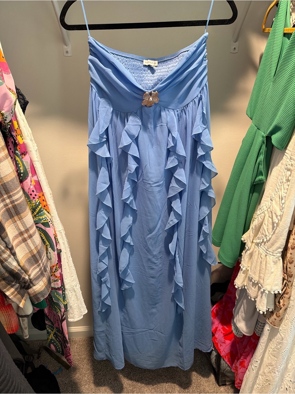 Sincerely Jules Light Blue Ruffle Maxi Dress with Floral Accent